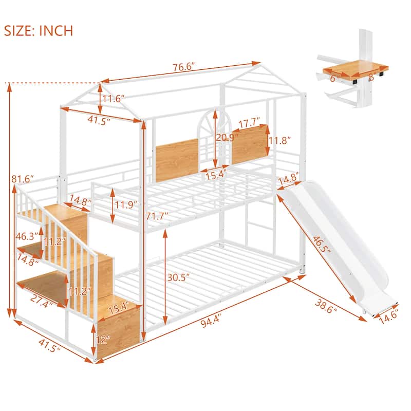 House-shaped Metal Bunk Bed with Storage Stair and Slide, Twin