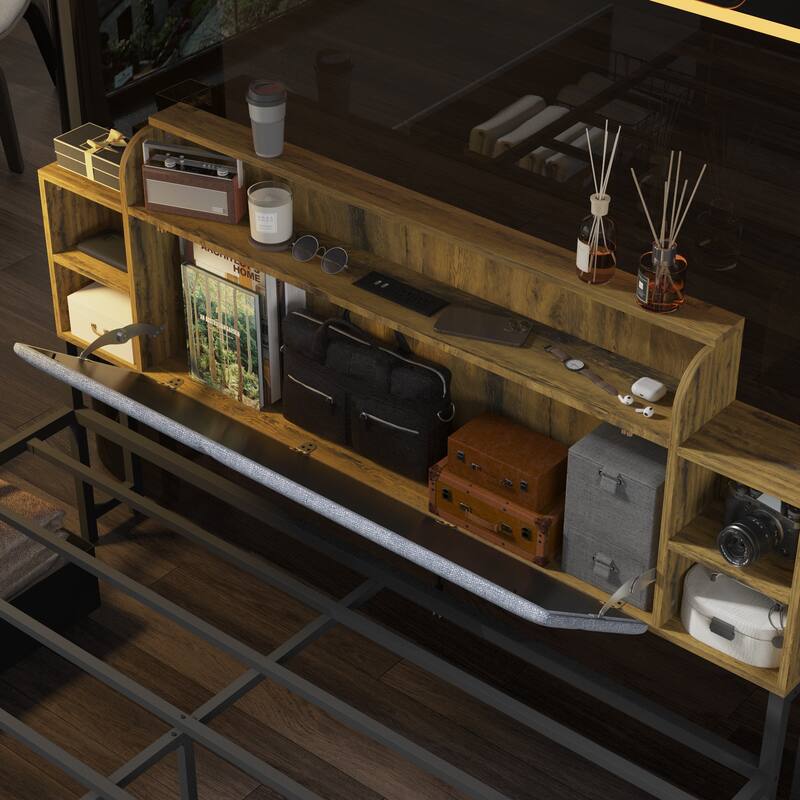 French Queen Size Bed Frame Platform with Brown/Black Storage Headboard & 4 Storage Drawers