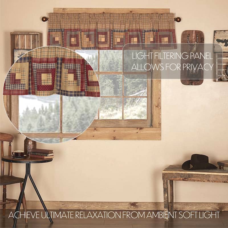 Tan Rustic Kitchen Curtains Valance Rod Pocket Cotton Plaid - 16x72 - Khaki/Burgundy/Navy - 16x72