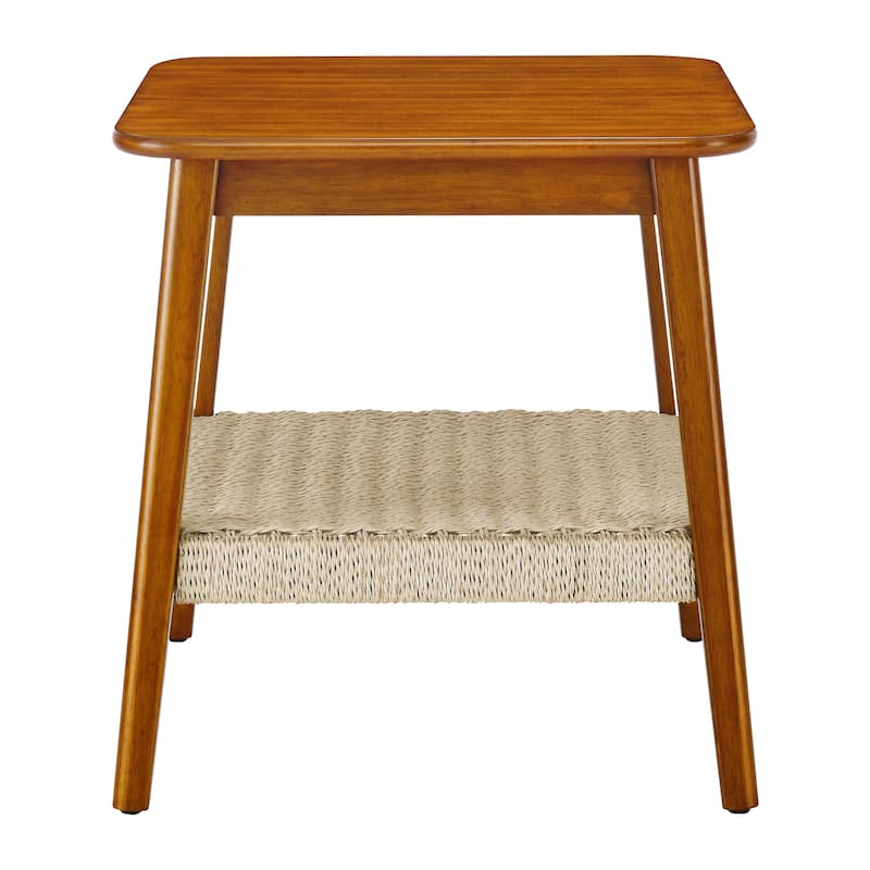 Mid-Century Square Side Table with Woven Shelf Walnut