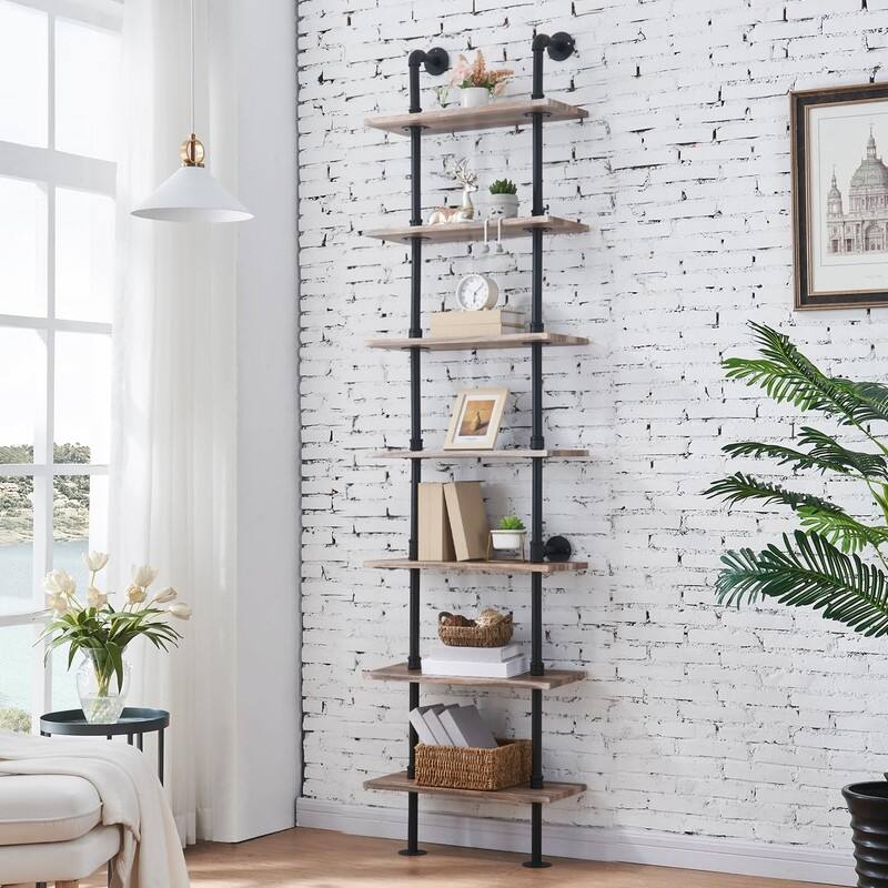 Industrial Pipe Bookshelf - 9.84"D x 23.6"W x 95.28"H - Brown-7-Tier