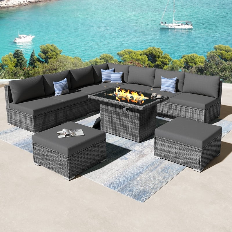 FINCATI 10-Piece Outdoor Wicker Sectional Furniture Set with Fire Pit Table for Backyard Patio - 10 PCS
