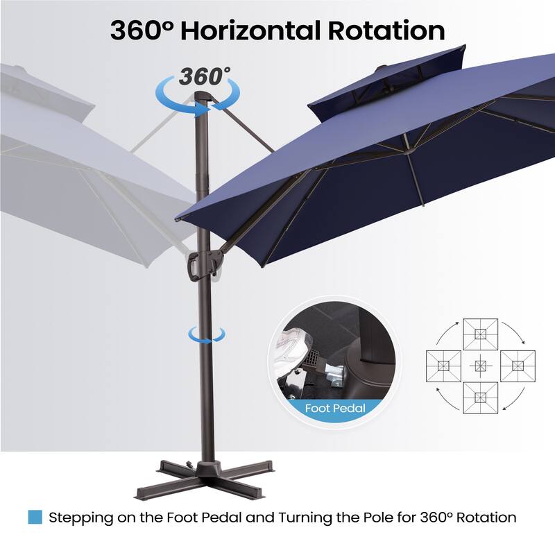 10FT Square Patio Cantilever-Offset 360 Degree Rotation Umbrella with Base