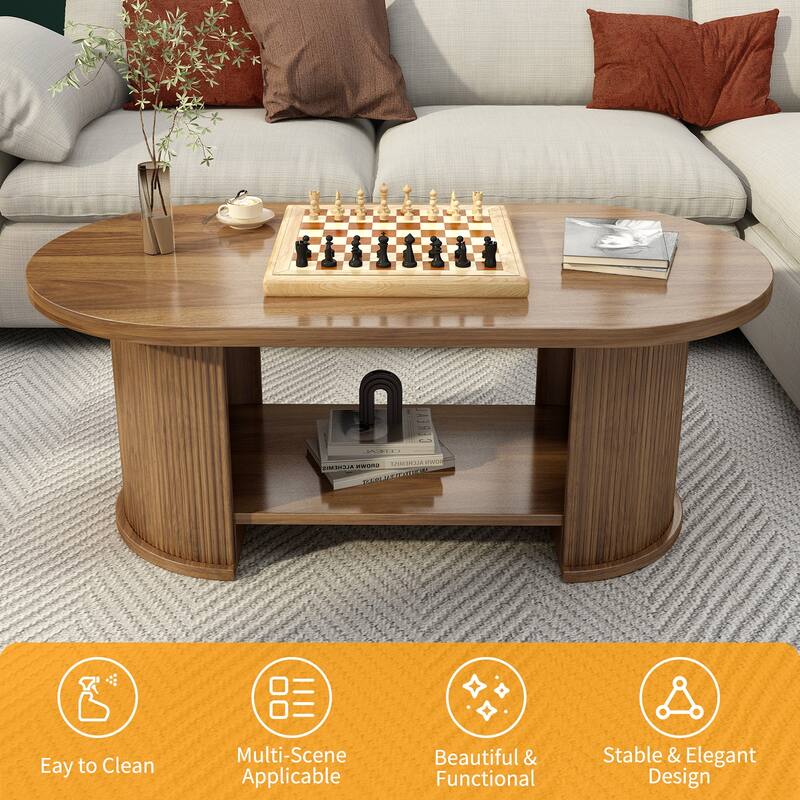 47" Oval Fluted Farmhouse Wood Coffee Table, Mid-Century 2-Tier with Storage, Walnut