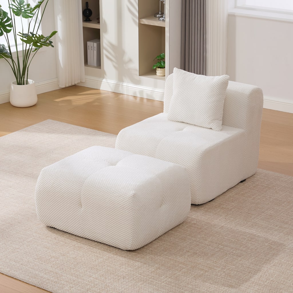 Modular Cloud Armless Accent Chair with Ottoman Set, Modern Boneless Deep Seat Single Sofa Soft Lounger with Footstool