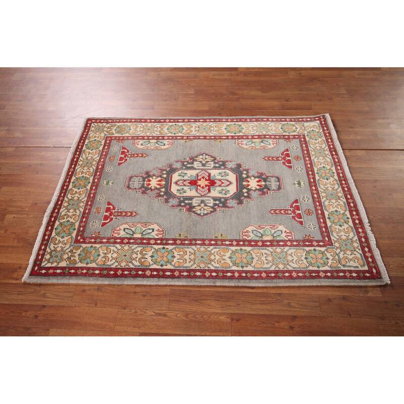 Gray Geometric Kazak Foyer Rug Handmade Wool Carpet - 3'4" x 4'10"