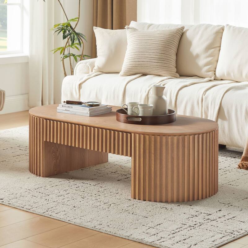 51.18" Mid-Century Modern Oval Wooden Coffee Table with Drawer for Living Room