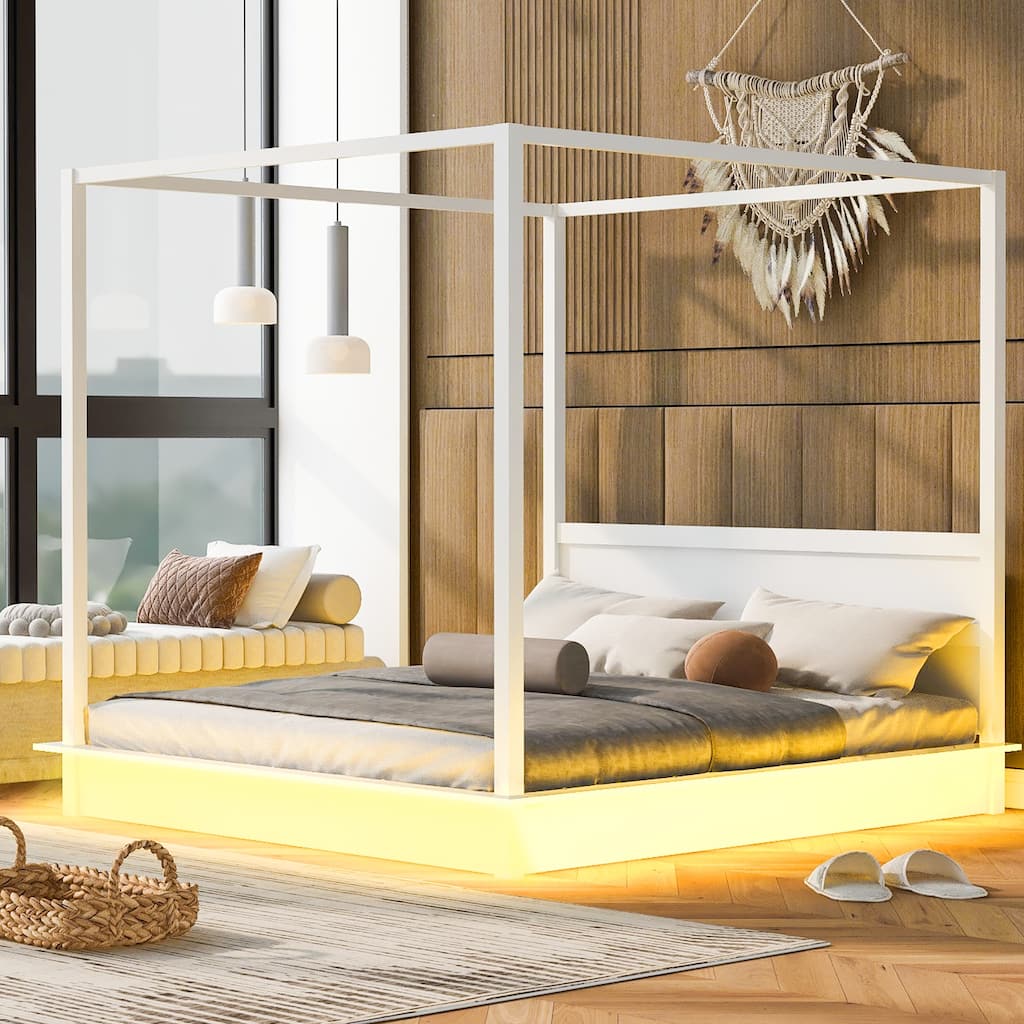 Wooden Canopy Bed with Brushed-effect Finish Master Bedroom Bed White Canopy Bed LED Platform Bed with Top Canopy Rails
