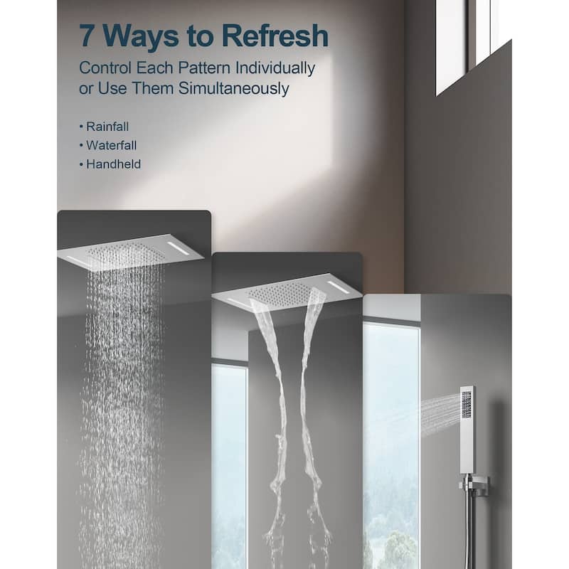 GRANDJOY LUXURY Shower System 22"x15" Ceiling Mount Rainfall & Waterfall Shower Head with Handheld Spray Como 64 Colors LED
