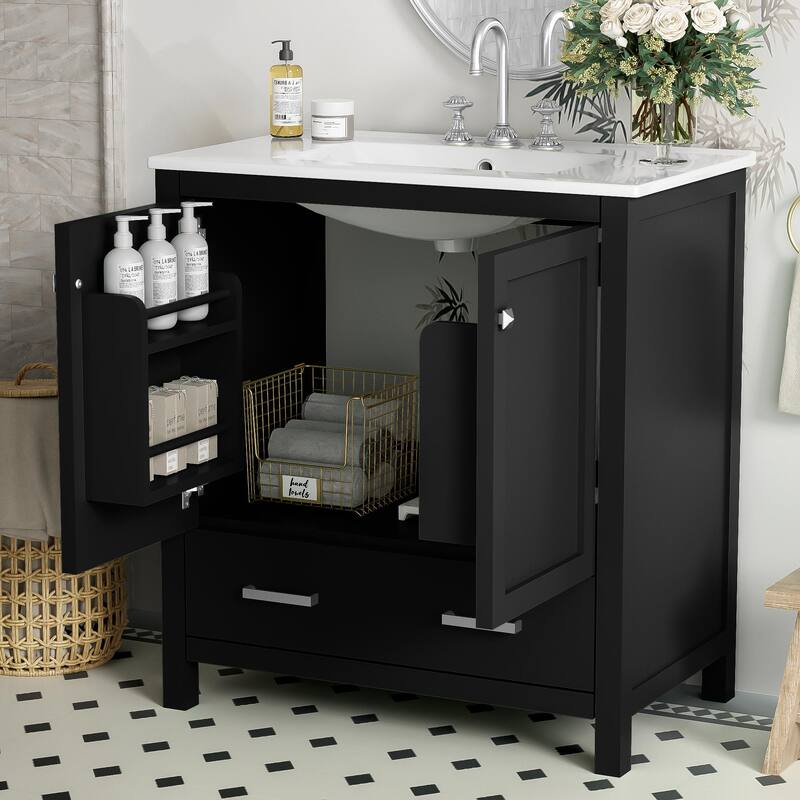 Bathroom Vanity with Single Sink, Bathroom Storage Cabinet with 2 Doors and 1 Drawer, Bathroom Vanities with Solid Wood Frame