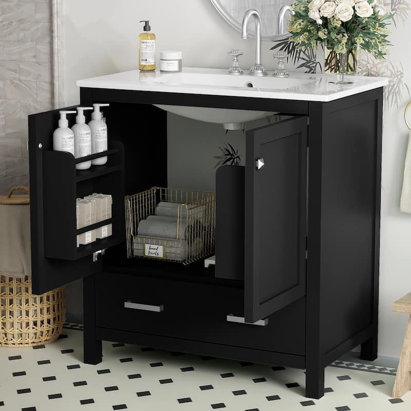 GDFStudio - Aurora Wood & Ceramic Bathroom Vanity Set with Sink and Divided Drawers - 30"+1 package - Black
