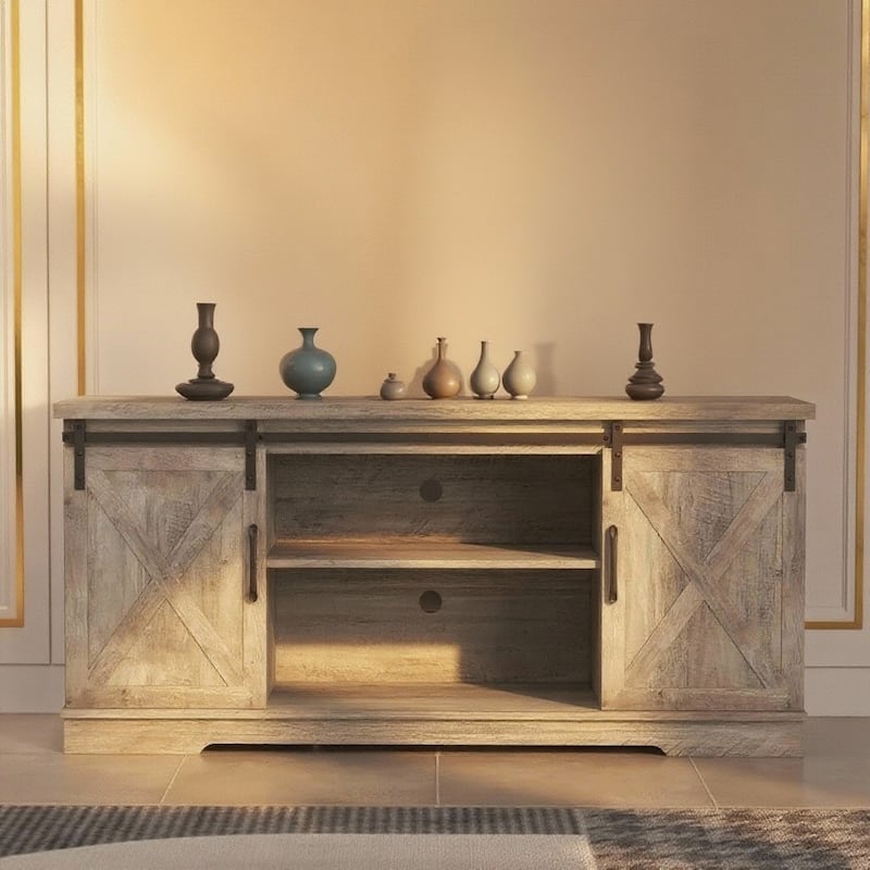 Farmhouse TV Stand for 65 Inch TVs, with Sliding Barn Doors - Grey