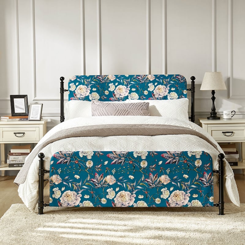 Diana Transitional 62" Floral Upholstered Platform Metal Bed Frame with Washable Slipcover by HULALA HOME - Blue