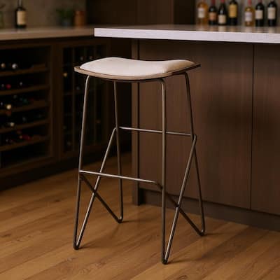 HomeRoots 30" Cream and Gold Iron and Fabric Backless Bar Height Bar Chair