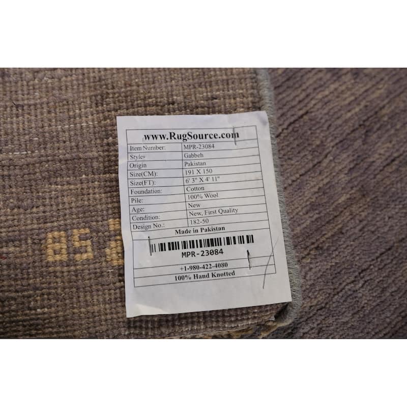 Modern Gabbeh Oriental Area Rug Hand-Knotted Grey Wool Carpet - 4'11" x 6'3"