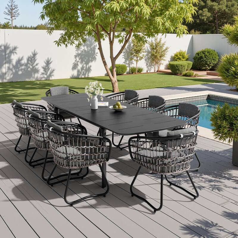 9-PC Outdoor Patio Aluminum Expandable Dining Sets Extension Table with Rattan Chairs