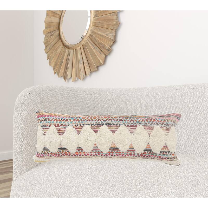 HomeRoots 14" X 36" Off-White Red Blue Orange And Green 100% Cotton Striped Zippered Pillow