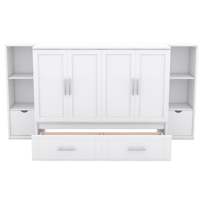 White Full Size Murphy Bed with Shelves, Drawers, and LED Lighting