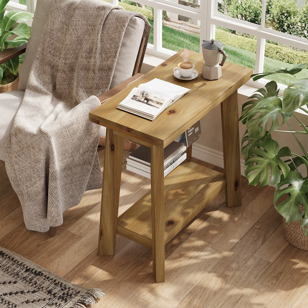 Solid Wood 2‑Tier Storage Shelf & Side Table