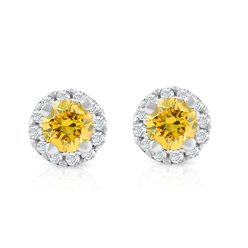 1/4 Ct Halo Fancy Yellow Lab Grown Diamond Studs White Gold