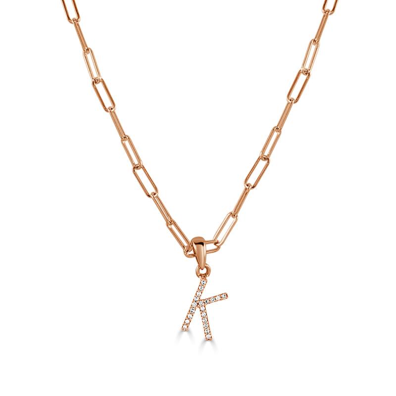 Joelle Collection Diamond Initial Letter Necklace Paperclip 14K Gold 16-inch Chain 1/10 TDW Necklace - K - Rose