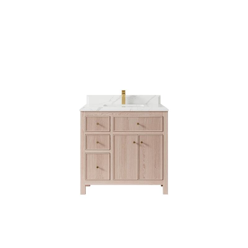 Willow Collections 36 x 22 Sonoma Oak Wood Center Sink Right Bathroom Vanity with Quartz or Marble Countertop - 1.5"Calacatta - White Oak