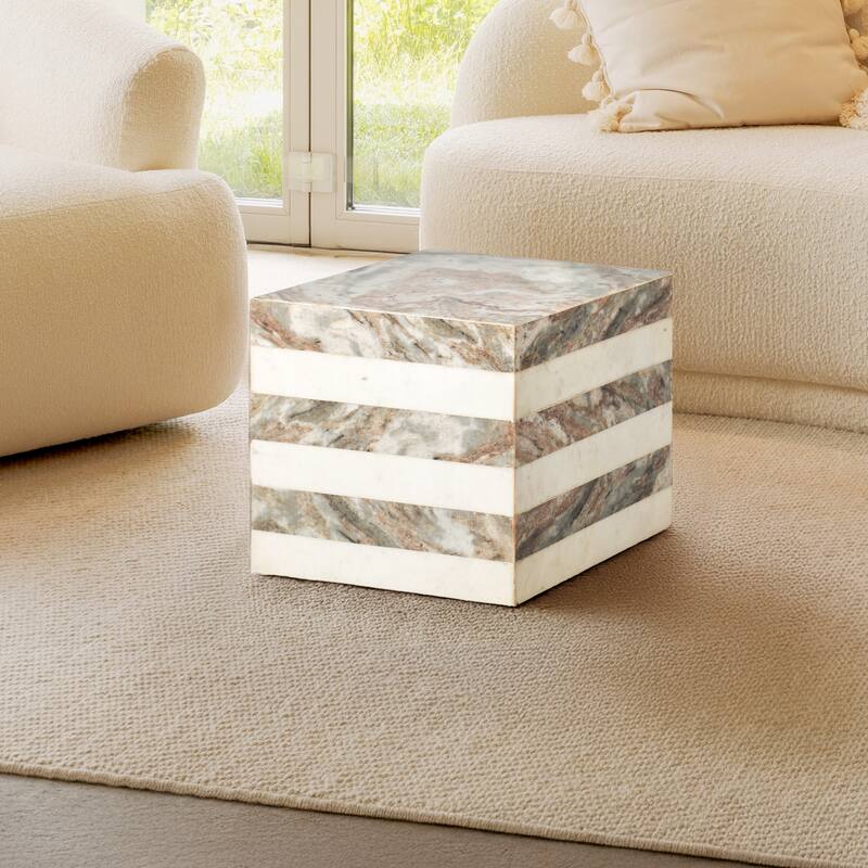Evelyn 15" Contemporary Natural Marble Handmade Cube End Table, Gray/Beige, by JONATHAN Y.
