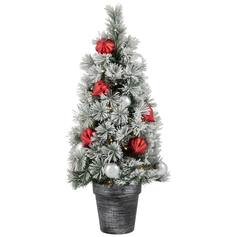 3' Potted Snowy Bristle Pine Artificial Christmas Tree, Warm White LED - 3 Foot