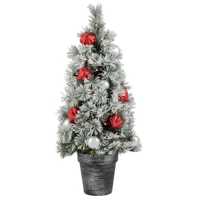 3' Potted Snowy Bristle Pine Artificial Christmas Tree, Warm White LED - 3 Foot