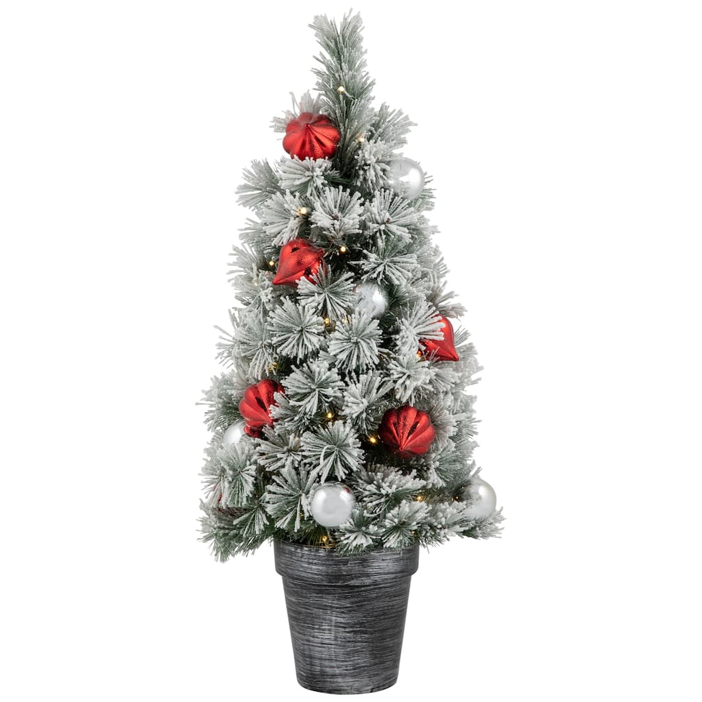 3' Potted Snowy Bristle Pine Artificial Christmas Tree, Warm White LED - 3 Foot