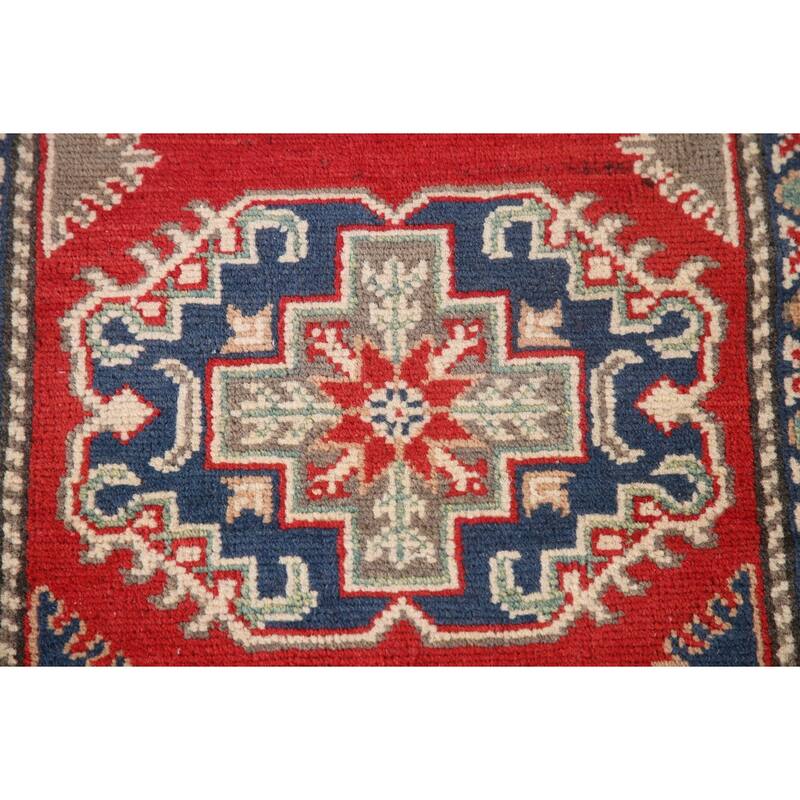 Geometric Red Kazak Runner Rug Handmade Oriental Wool Carpet - 2'9" x 10'8"