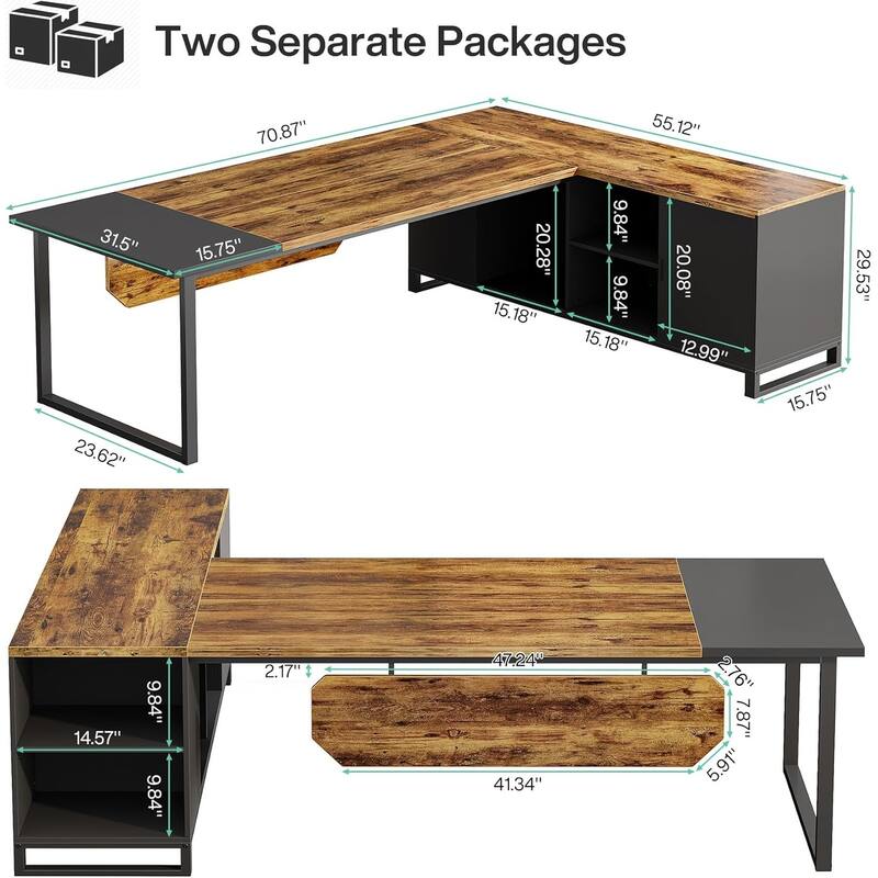 70.8" L-Shaped Executive Desk with 55" File Cabinet, Large Computer Desk with Storage Shelves/Cabinet for Home Office