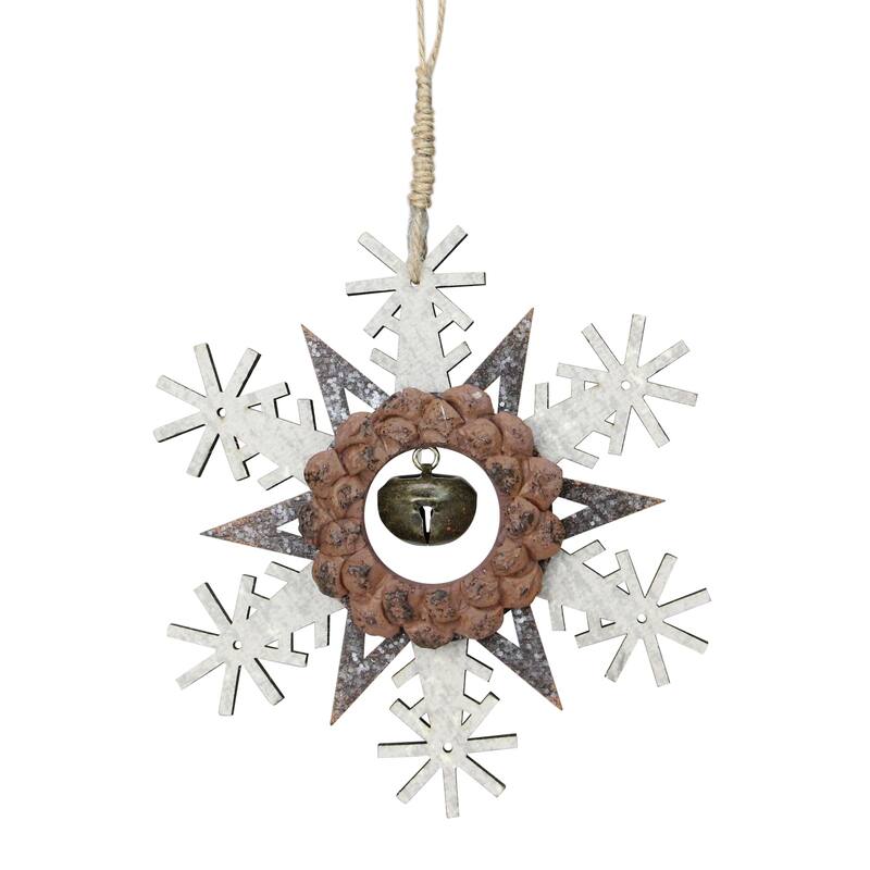 Wooden Snowflake Christmas Ornament with Jingle Bell - 6" - Brown and Beige