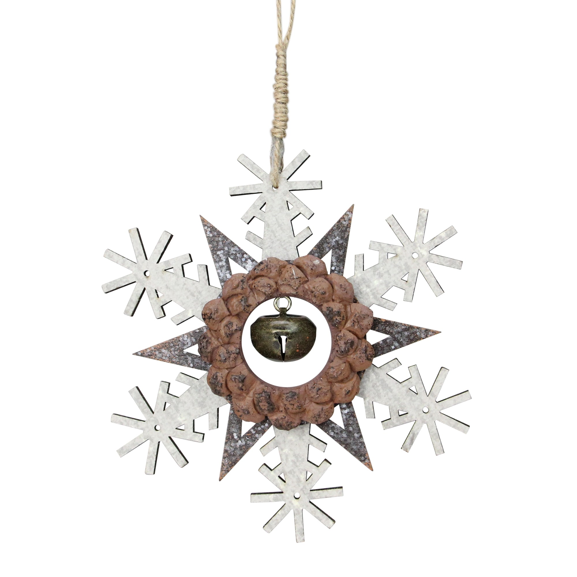 Wooden Snowflake Christmas Ornament With Jingle Bell 6" Brown Beige