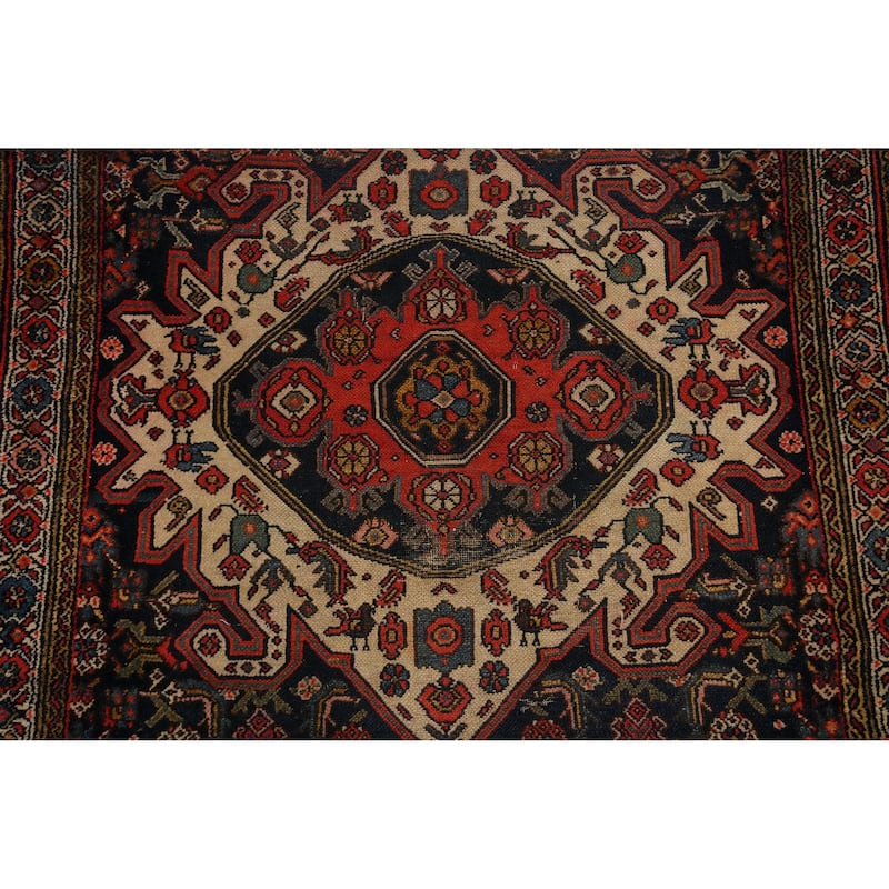 Hand Knotted Oriental 100% Wool Carpet Traditional Geometric Navy Blue & Blues Bibikabad Runner Rug - 13' 4'' X 3' 5''