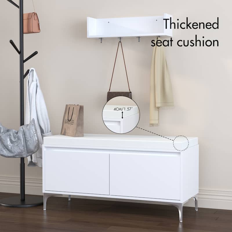 Wall-Mounted Entryway Shelf with Hooks and Shoe Storage Bench, Modern White Cabinet with Cushion for Hallway or Mudroom