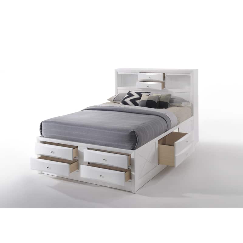 8 Drawer Eastern King Bed with Bookcase Headboard and Round Knobs, White