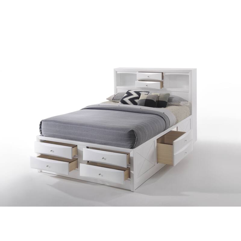 Queen Size Synthetic Wood Storage Bed with Bookcase Headboard and 8 Drawers