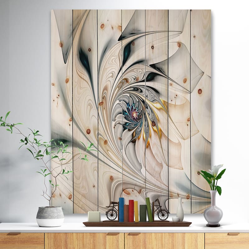 Designart 'White Stained Glass Floral Art' Floral Print on Natural Pine Wood - White