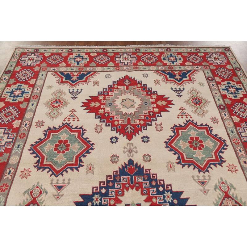 Hand Knotted Oriental 100% Wool Carpet Traditional Geometric Beige & Ivories Kazak Area Rug - 9' 9'' X 6' 8''