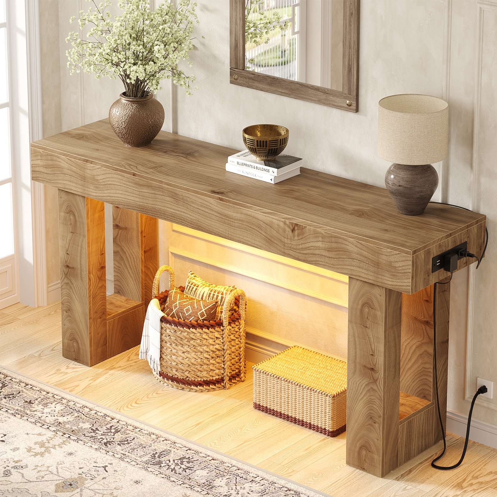 63'' Console Table with Motion Sensor Light and Charging Station, Farmhouse Entryway Sofa Table