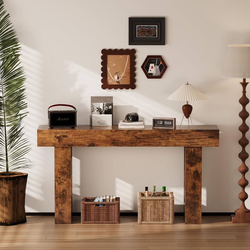 Farmhouse Entryway Table, 63-Inch Long Narrow Console Table Behind The Couch, Wooden Rectangular Sofa Table - Rustic Brown