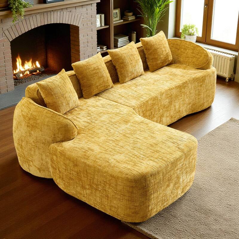 Chenille L-Shaped Compressed Sofa, 4-Seat Sectional Couch with Curved Armrests, High-Elastic Sponge & 4 Throw Pillows