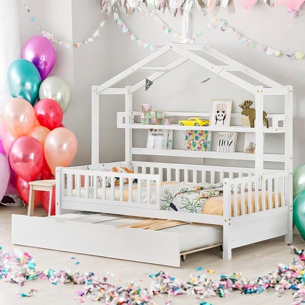 slide 2 of 42, Twin Size Wooden House Bed Kids Bed with Trundle and Shelf for Home White