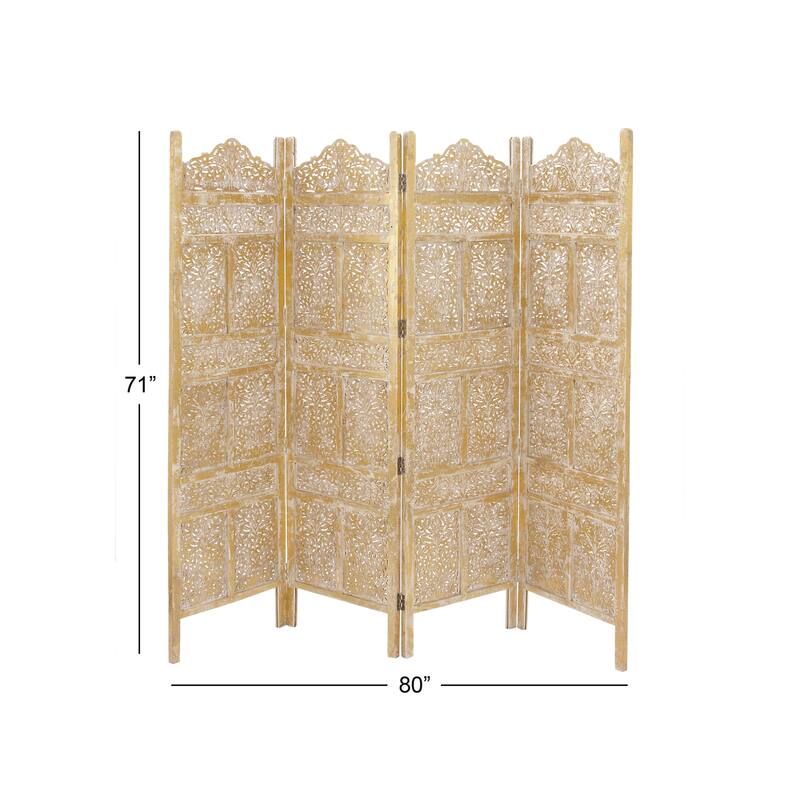 Wooden Floral Handmade Foldable 4 Panel Room Divider Screen with Foiled Intricately Carved Designs - Gold - Roche River Decor