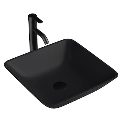 Kichae 16.4 inch Black Square Glass Vessel Sink with Black Faucet and Drain