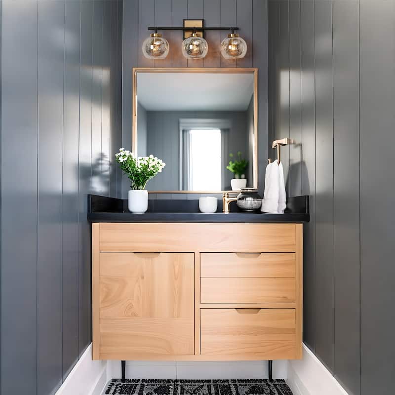 Ziv Modern 3-Light Black Gold Bathroom Vanity Lights with Mercury Globe Glass Shades