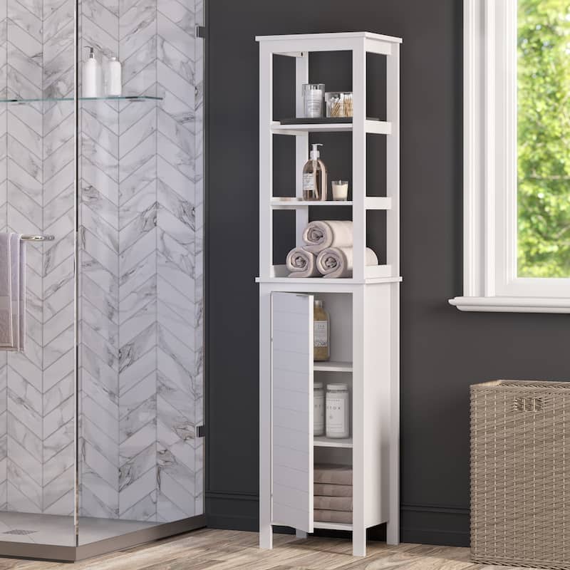 RiverRidge Madison Single Door Tall Bathroom Cabinet Storage Organizer with an Open and Adjustable Interior Shelves