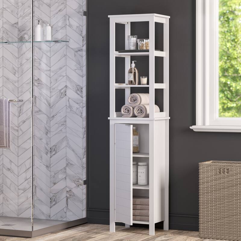 RiverRidge Madison Single Door Tall Bathroom Cabinet Storage Organizer with an Open and Adjustable Interior Shelves