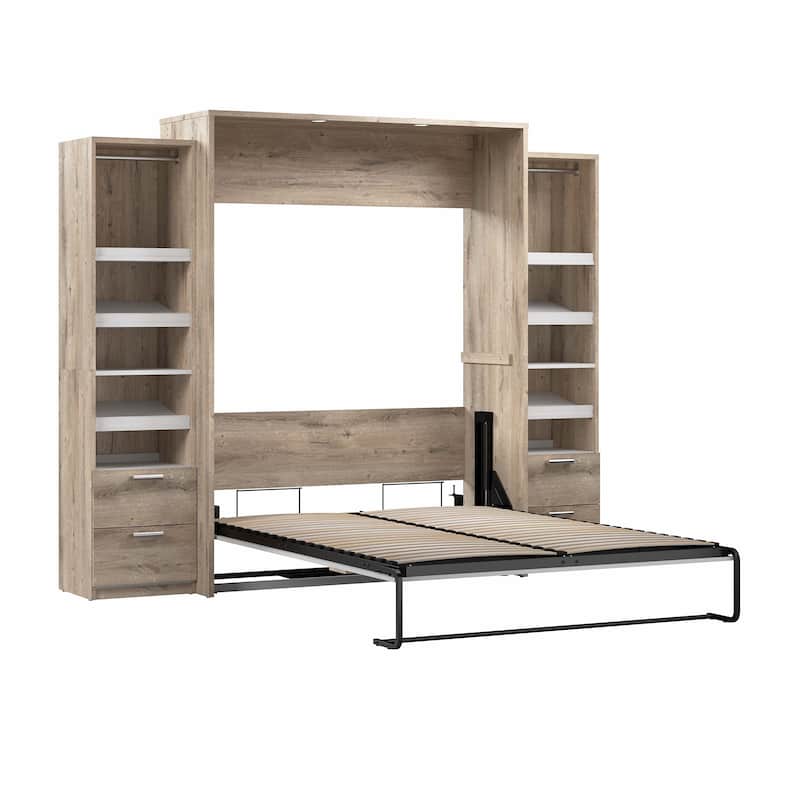 Cielo Queen Murphy Bed & Narrow Shelving Units with Drawers by Bestar